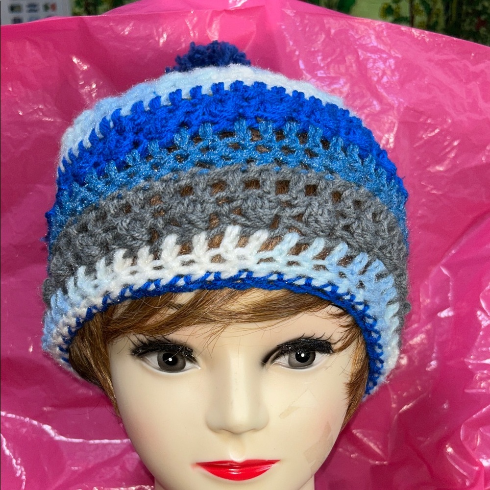 Handmade Blue, Light Blue & Gray Crochet Pom Beanie - Women's Hat